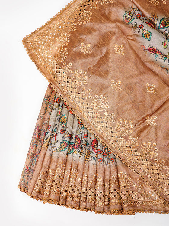 Semi Raw Silk Sandal and Orange Printed Saree with Embroidered Border SRS20