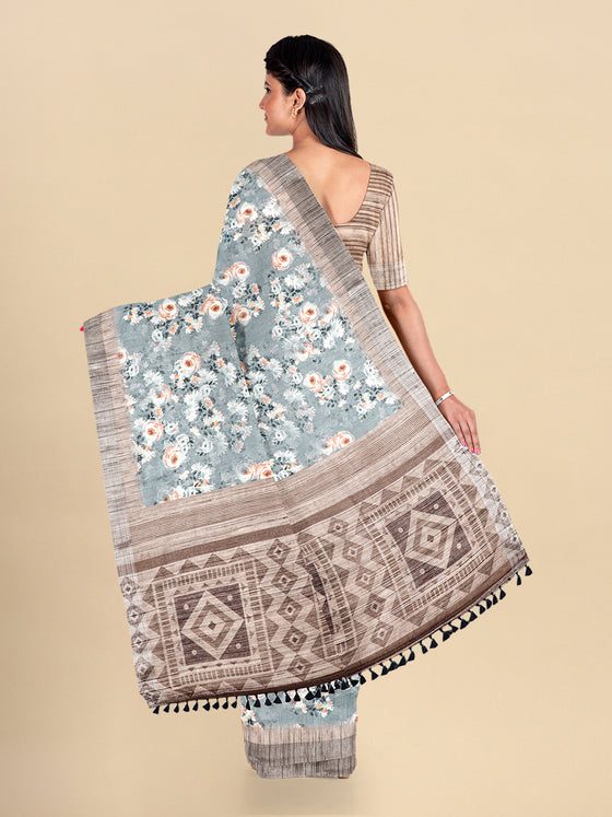 Semi Cotton Blue Colour Flower Printed Saree CPS20