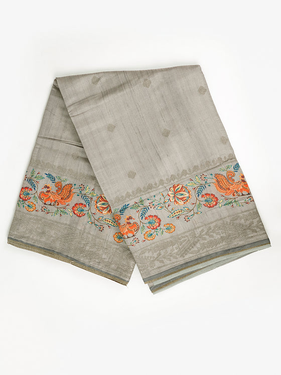 Semi Raw Silk Grey Colour Printed Saree with Embroidered Border SRS15