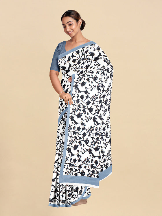Pure Cotton White & Black Leaf Design Printed Saree PCS45