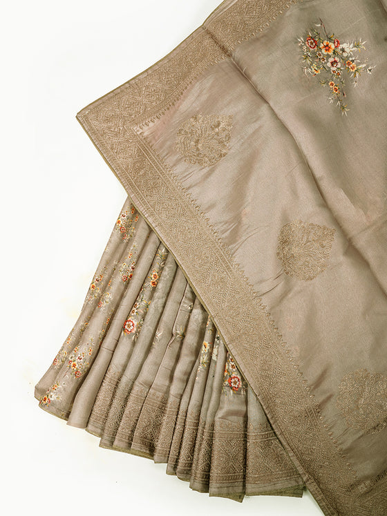 Semi Raw Silk Beige Colour Printed Saree with Embroidered Border SRS21