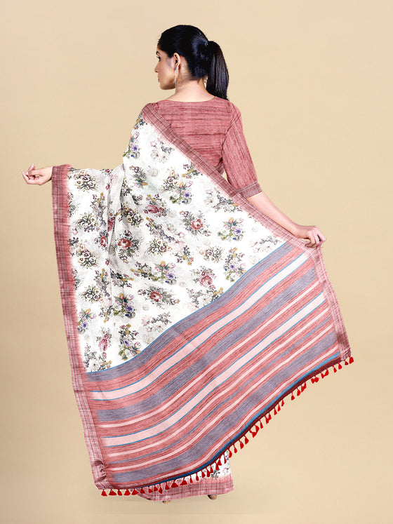 Semi Cotton White & Pink Colour Flower Printed Saree CPS34