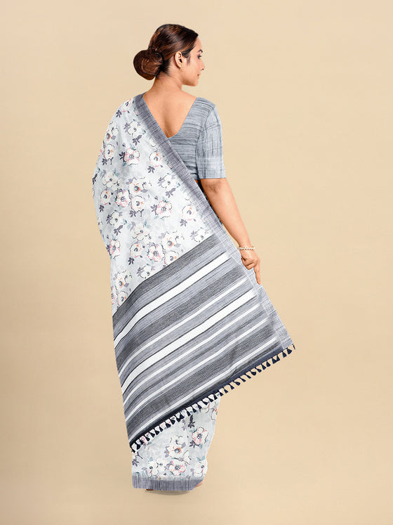 Semi Cotton White & Grey Flower Printed Saree CPS32