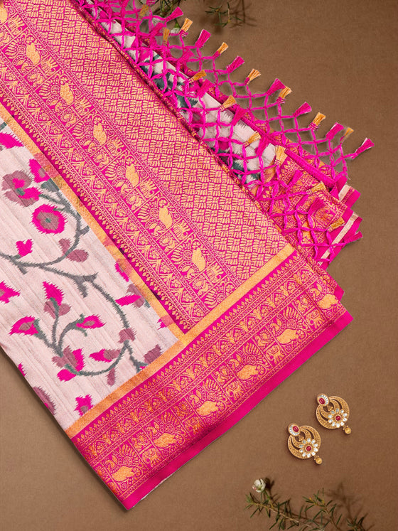 Women Light Brown & Pink Floral Printed Dola Silk Saree DSP03