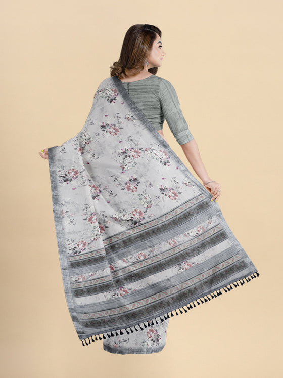 Semi Cotton Grey Flower Printed Saree CPS18