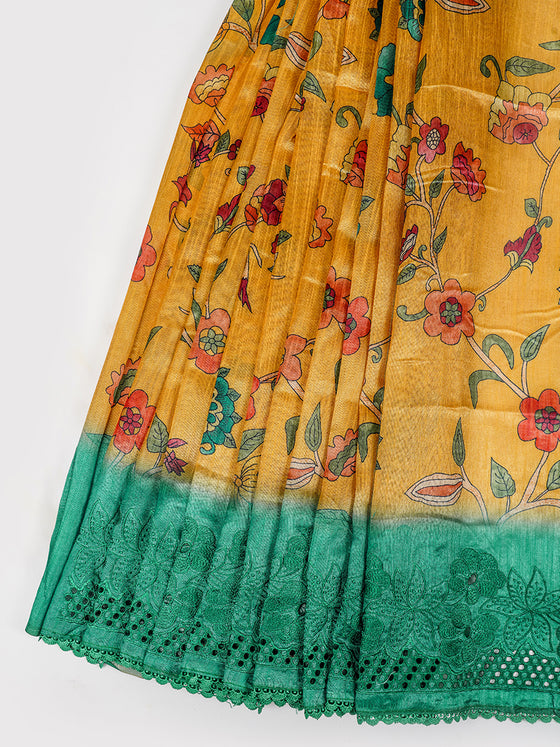 Semi Raw Silk Yellow & Green Colour Printed Saree with Embroidered Border SRS18