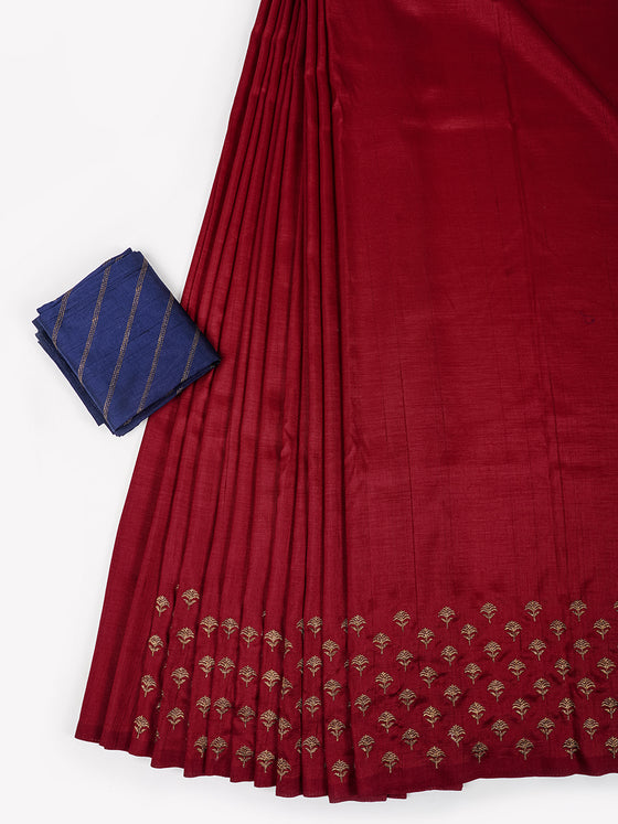 Semi Tussar Flower Embroidery Maroon Colour Saree ST80