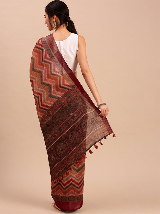 Green with Brown Semi Tussar Printed Saree STP08
