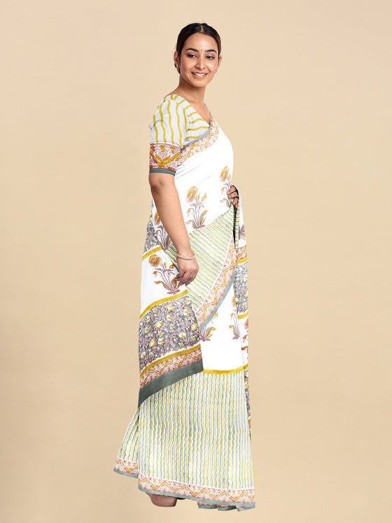 Pure Cotton White & Green Flower Printed Saree PCS30