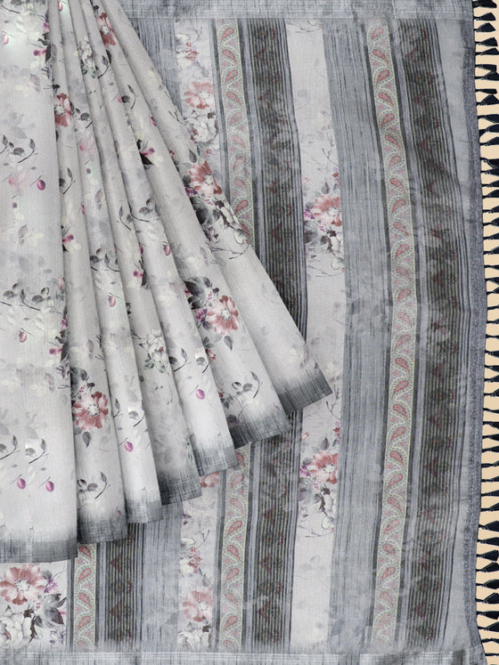 Semi Cotton Grey Flower Printed Saree CPS18
