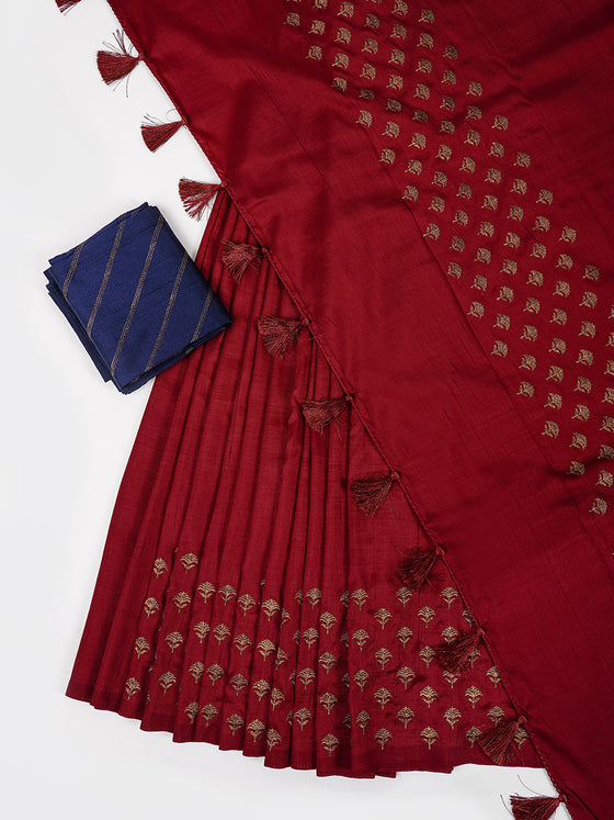 Semi Tussar Flower Embroidery Maroon Colour Saree ST80
