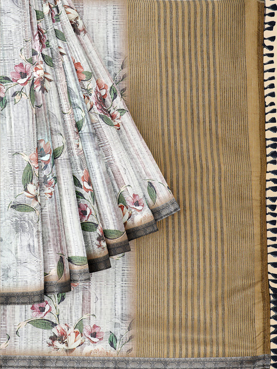 Semi Cotton Grey & Brown Flower Printed Saree CPS31