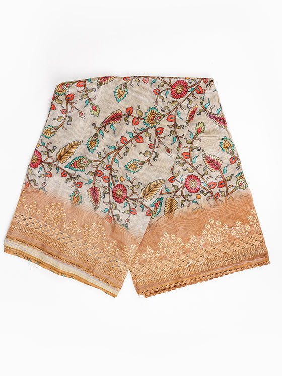 Semi Raw Silk Sandal and Orange Printed Saree with Embroidered Border SRS20