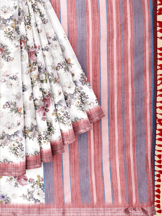 Semi Cotton White & Pink Colour Flower Printed Saree CPS34