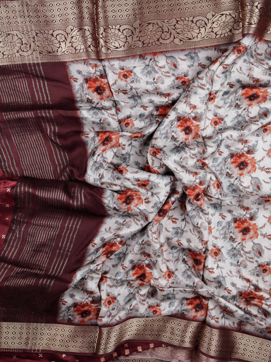 Women Grey & Maroon Floral Printed Dola Semi Weaving Printed Saree DSP04