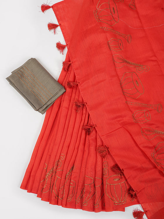 Bhagalpuri Jute Embroidery Saree Dark Orange BJS32