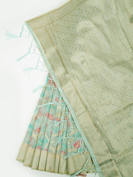 Stylish Leaf Design Sky Blue & Pink  Semi Kora Cotton Saree SK76