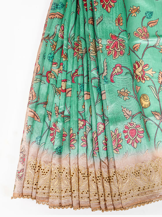 Semi Raw Silk Green and Sandal Colour Flower Design Printed Saree SRS17