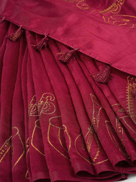 Bhagalpuri Jute Flower Embroidery Saree Purple BJS40