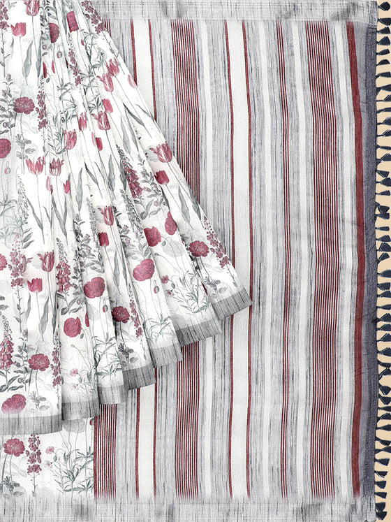 Semi Cotton Grey Flower Printed Saree CPS25