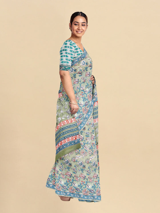 Pure Cotton Green & Orange Flower Printed Saree PCS29