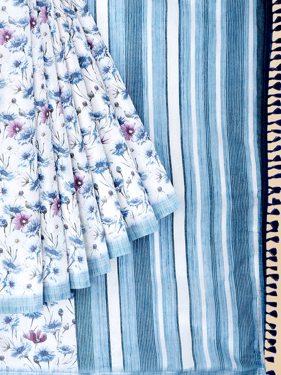 Semi Cotton Blue & Silver Colour Printed Saree CPS28
