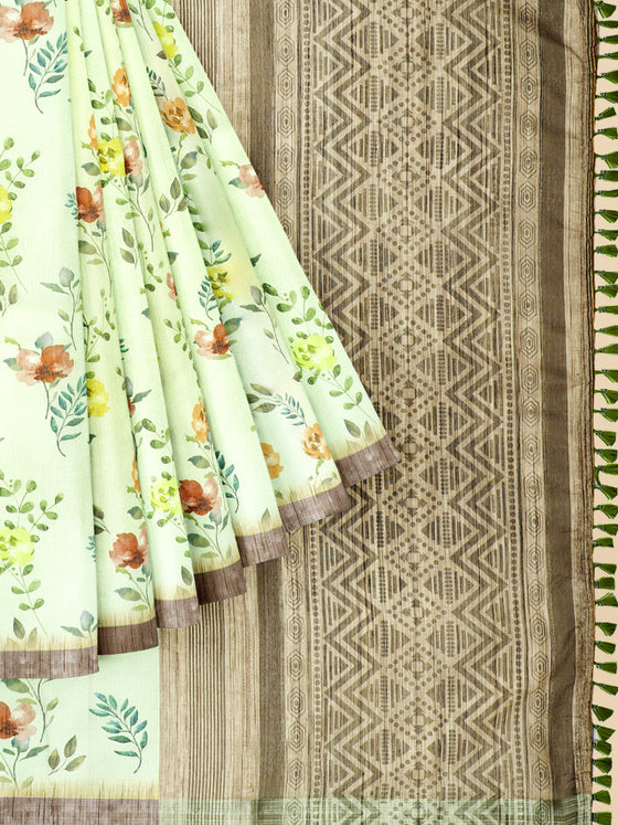 Semi Cotton Sandal & Green Flower Printed Saree CPS24