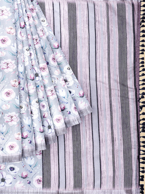 Semi Cotton Pink & Grey Flower Printed Saree CPS22