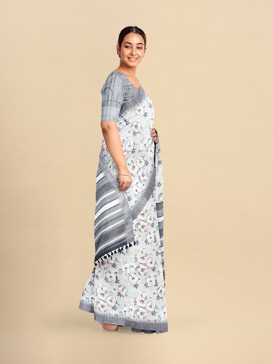 Semi Cotton White & Grey Flower Printed Saree CPS32