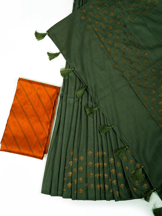 Semi Tussar Flower Embroidery Green Colour Saree ST81
