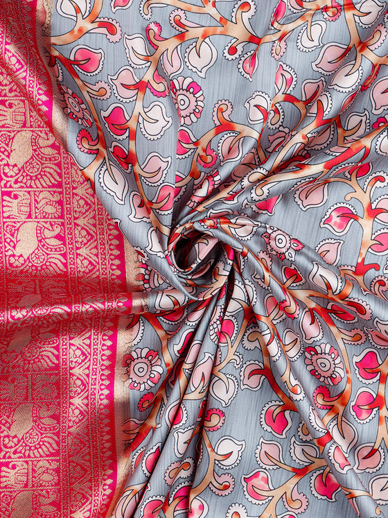Women Pink & Grey Floral Printed Dola Silk Saree DSP02