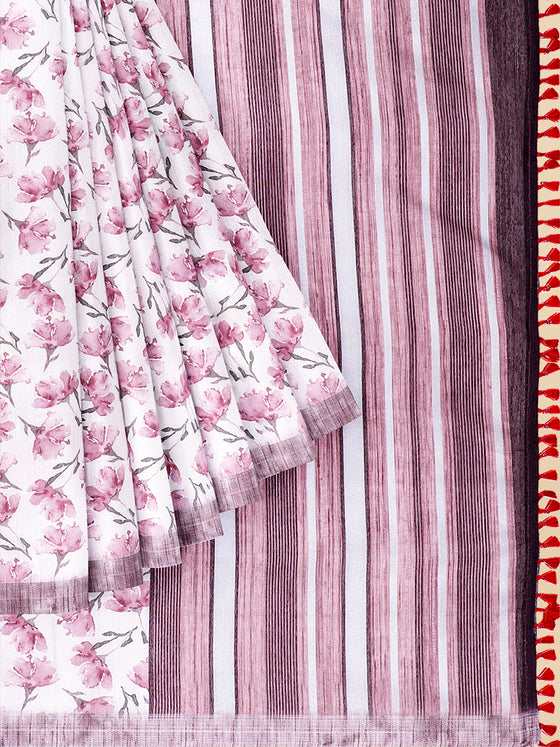 Semi Cotton White & Pink Colour Flower Printed Saree CPS35
