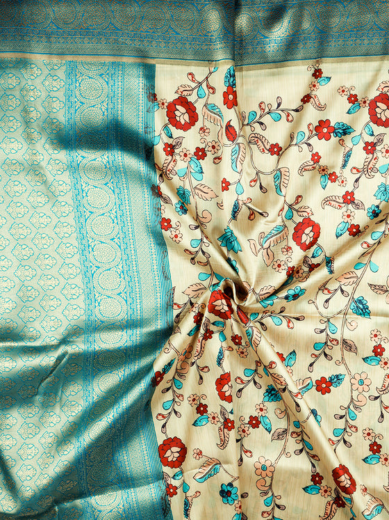 Women Sandal & Green Floral Printed Dola Silk Saree DSP01