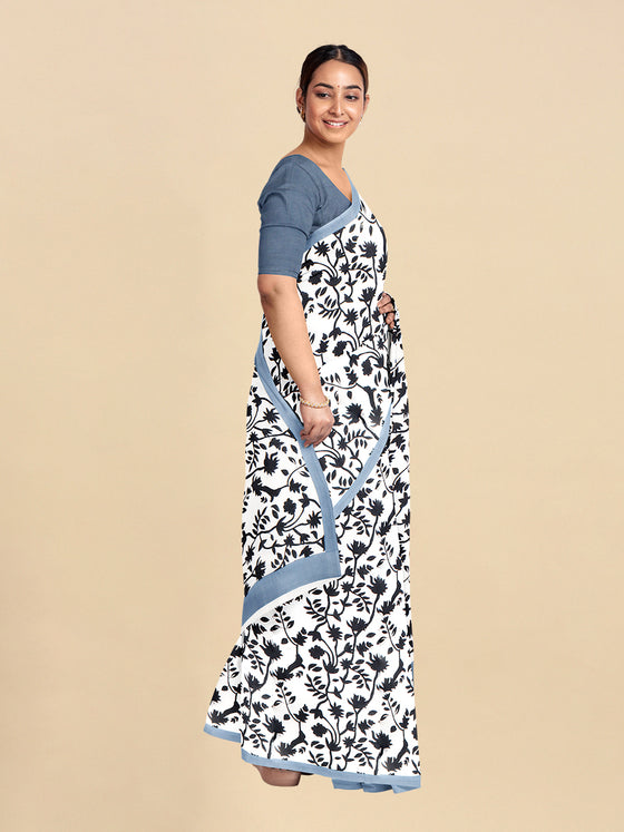 Pure Cotton White & Black Leaf Design Printed Saree PCS45