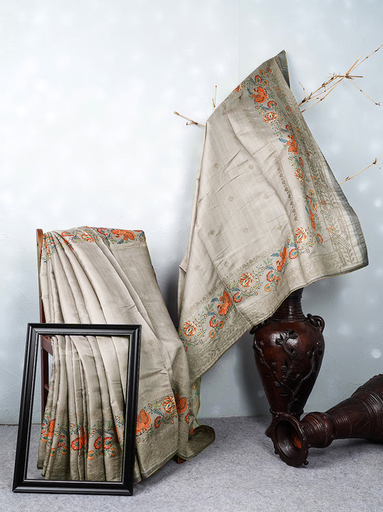 Semi Raw Silk Grey Colour Printed Saree with Embroidered Border SRS15