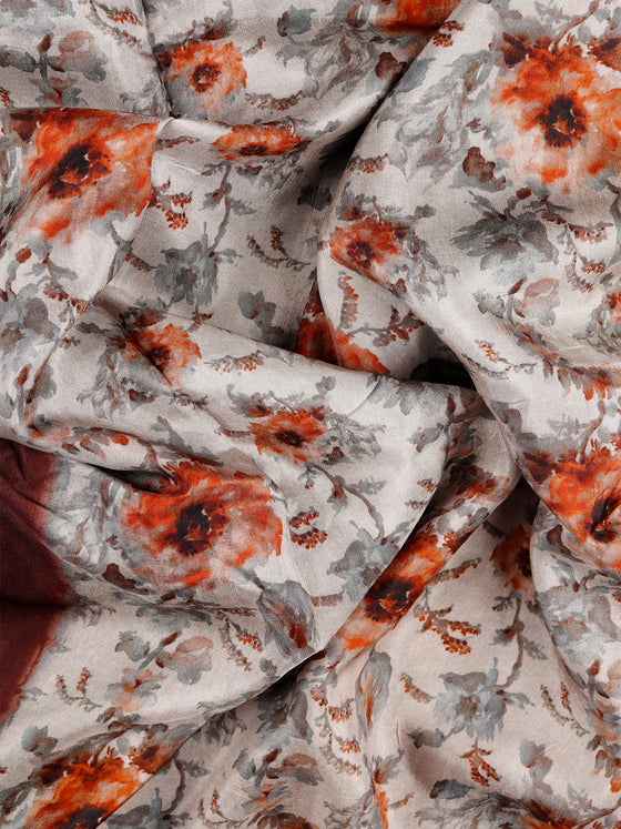 Women Grey & Maroon Floral Printed Dola Semi Weaving Printed Saree DSP04