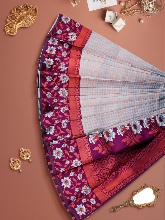 Semi Raw Silk Blue Colour Printed Saree with Contrast Purple Border SRS29