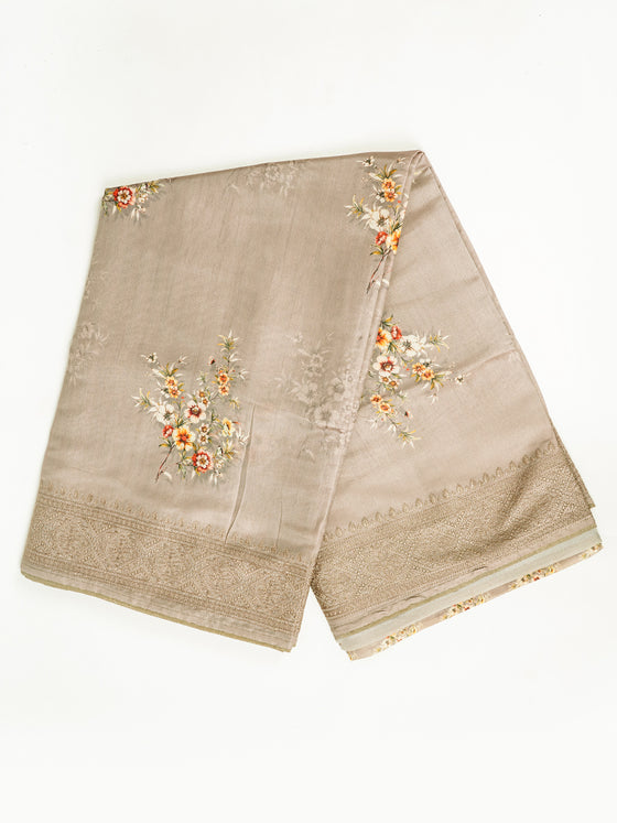 Semi Raw Silk Beige Colour Printed Saree with Embroidered Border SRS21