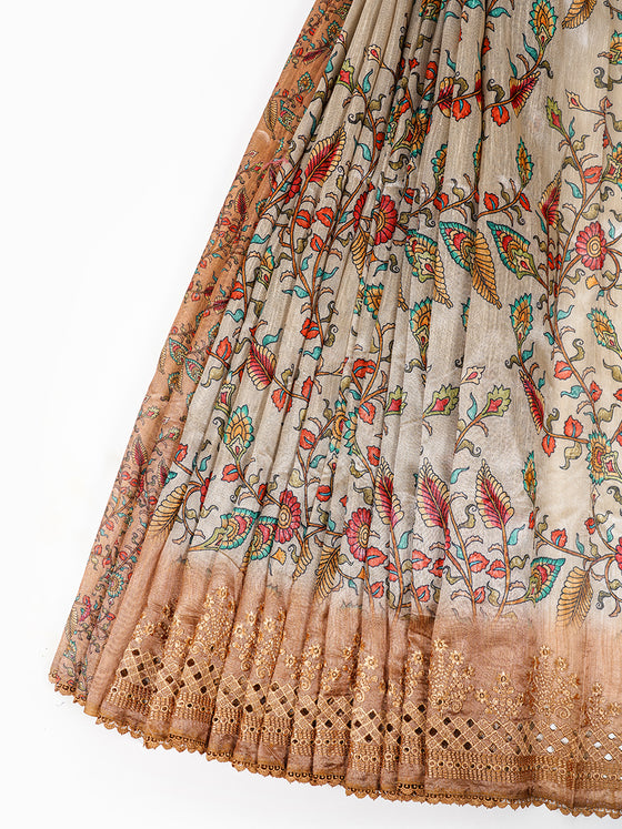 Semi Raw Silk Sandal and Orange Printed Saree with Embroidered Border SRS20