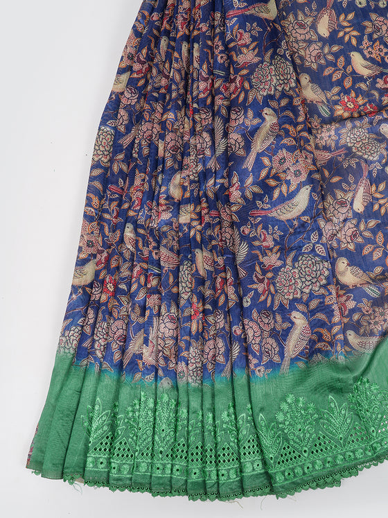 Semi Raw Silk Navy and Sandal Colour Flower Design Printed Saree SRS16