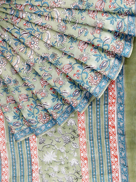 Pure Cotton Green & Orange Flower Printed Saree PCS29