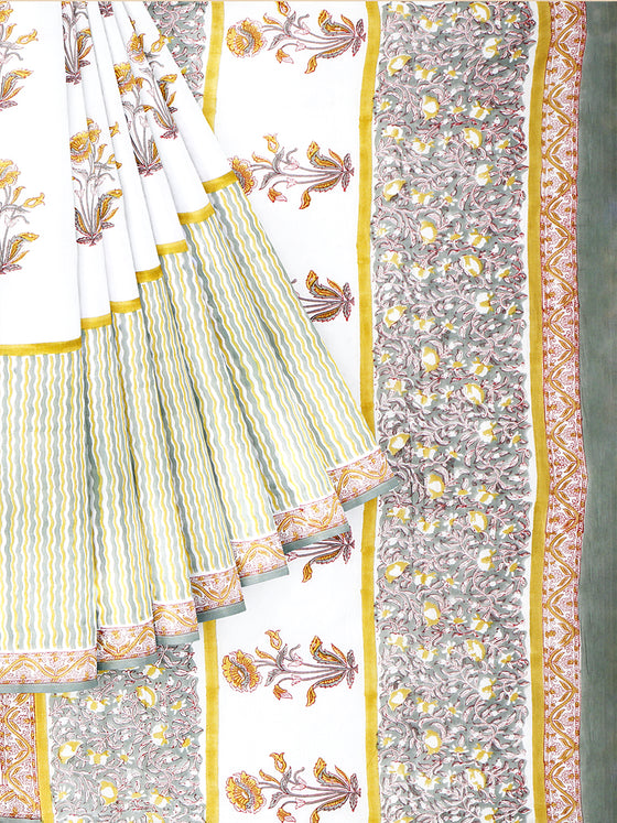 Pure Cotton White & Green Flower Printed Saree PCS30