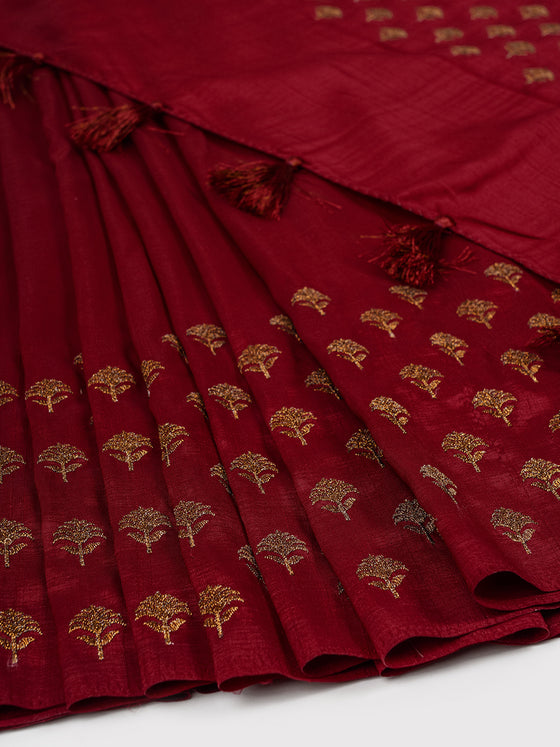 Semi Tussar Flower Embroidery Maroon Colour Saree ST80