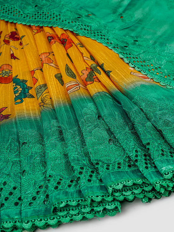 Semi Raw Silk Yellow & Green Colour Printed Saree with Embroidered Border SRS18