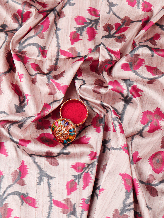 Women Light Brown & Pink Floral Printed Dola Silk Saree DSP03