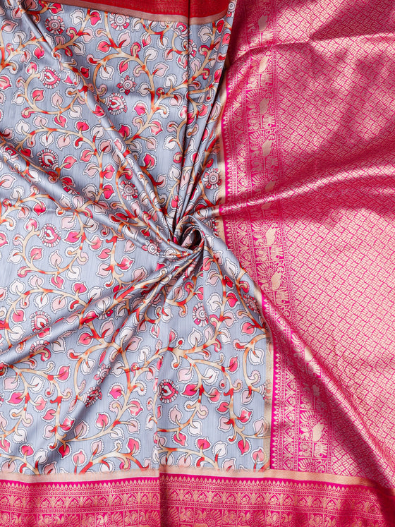 Women Pink & Grey Floral Printed Dola Silk Saree DSP02