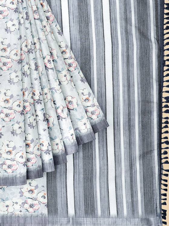 Semi Cotton White & Grey Flower Printed Saree CPS32