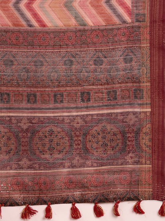 Green with Brown Semi Tussar Printed Saree STP08