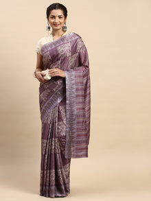  Semi Tussar Purple & Sandal Flower Embroidery Saree ST93