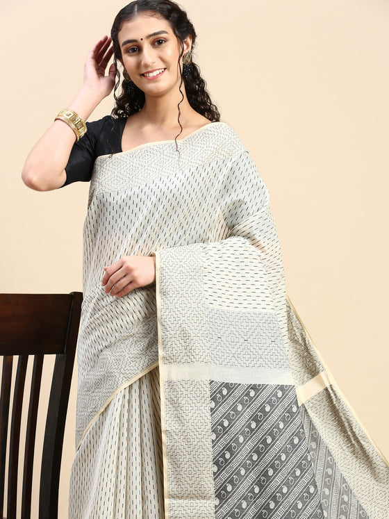 Stylish Sandal & Grey Semi Kora Cotton Saree SK88